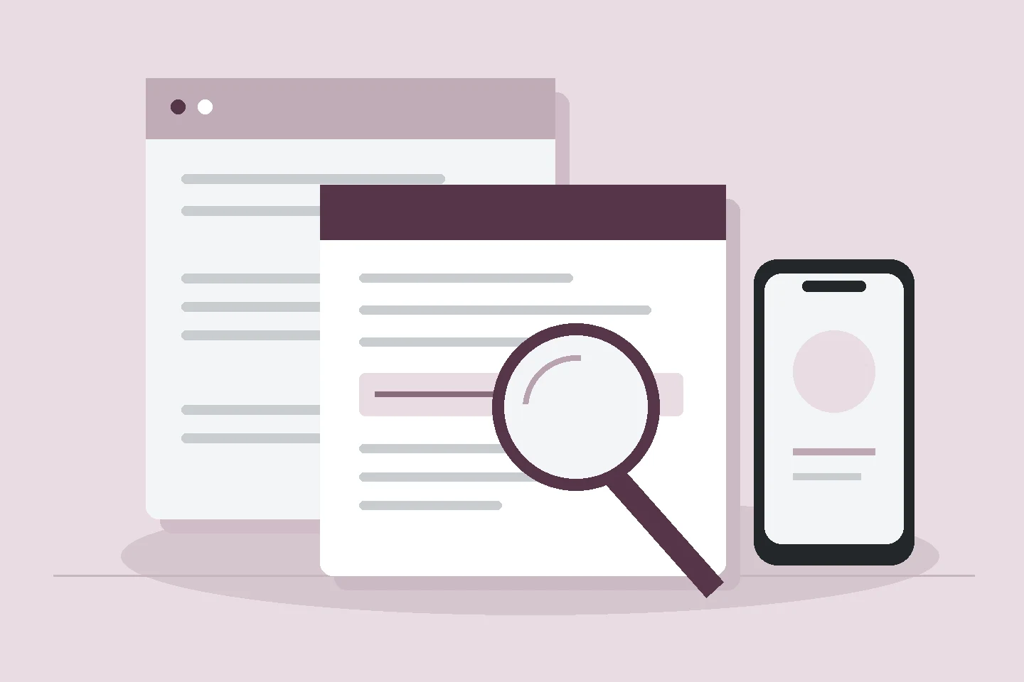 Conceptual source documents beside a phone and magnifying glass